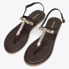 Sandale dama -  piele naturala - tocul plat - detalii stralucitoare - maro