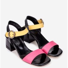 Sandale dama  roz cu galben din piele naturala cu varful patrat