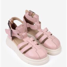 Sandale dama  roz pudra din piele texturata cu multe barete