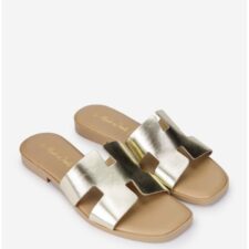 Sandale dama tip papuc din piele aurie