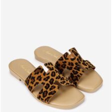 Sandale dama tip papuc din piele maro animal print