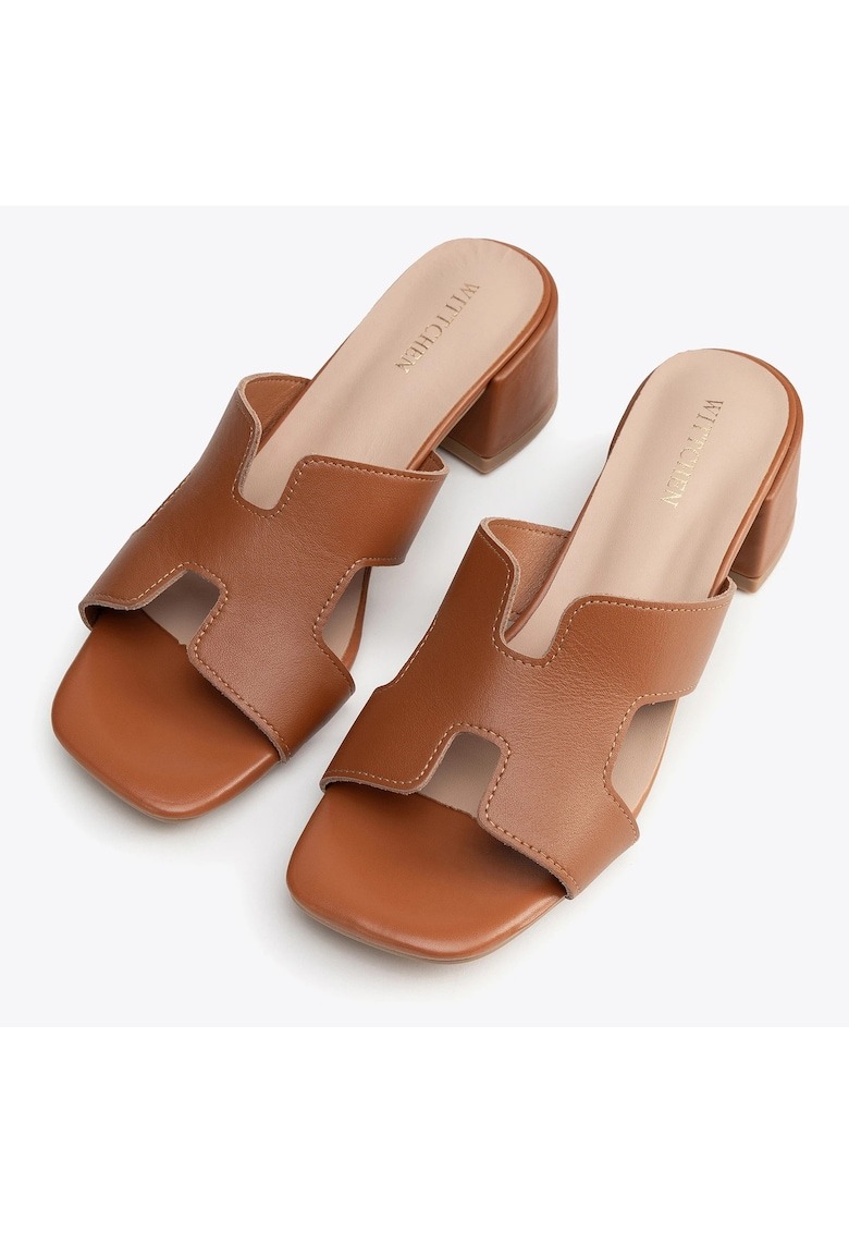Sandale dama toc bloc - decupaj litera H - maro - piele naturala 1 Sandale dama toc bloc - decupaj litera H - maro - piele naturala
