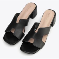 Sandale dama -  toc bloc - decupaj litera H - negru - piele naturala