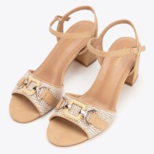 Sandale dama  toc gros - bej - material sintetic