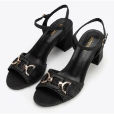 Sandale dama  toc gros - cureaua la glezna - negru - poliuretan