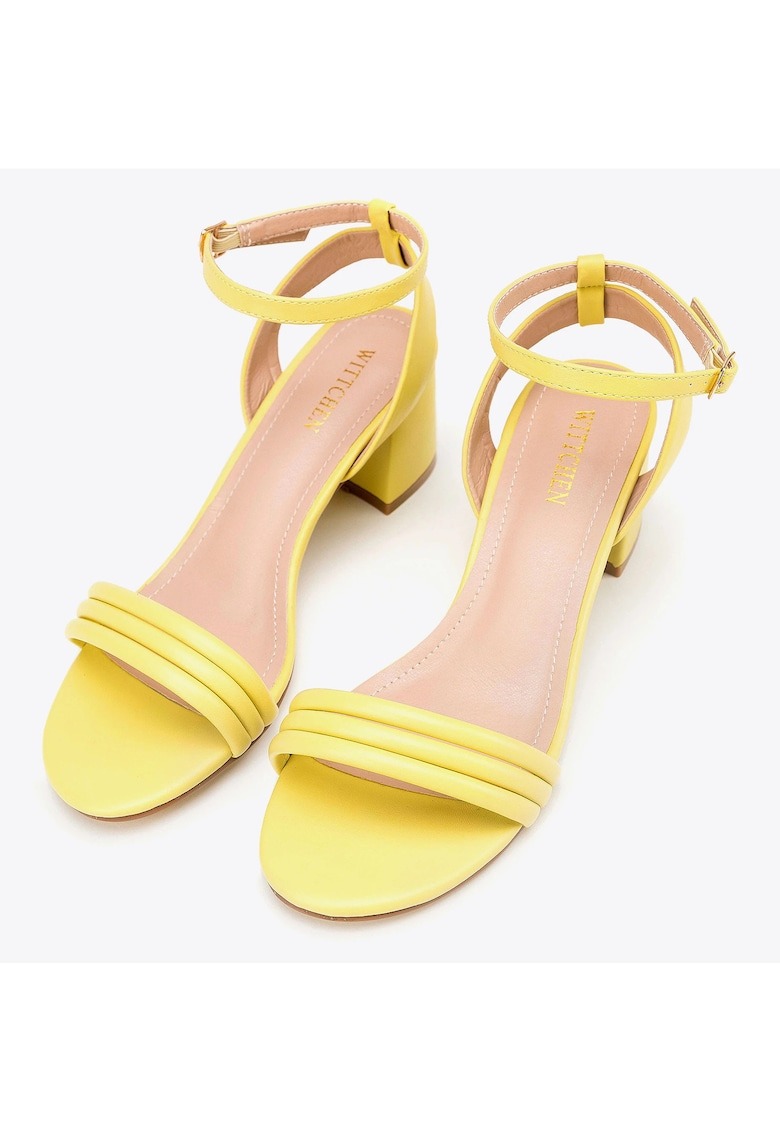 Sandale dama - toc gros - piele ecologica - galben 1 Sandale dama - toc gros - piele ecologica - galben