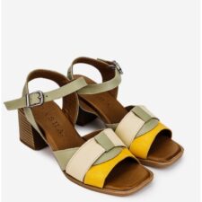 Sandale dama verzi cu galben si bej din piele naturala cu toc