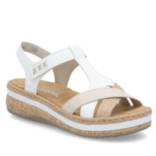 Sandale de damă Rieker cu velcro albe cu platformă combinată V0919-80