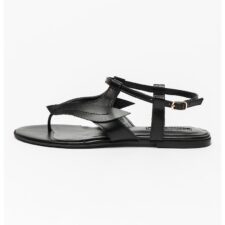 Sandale de piele cu bareta separatoare si aplicatie cu frunze