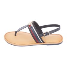 Sandale de piele cu bareta separatoare si logo metalic