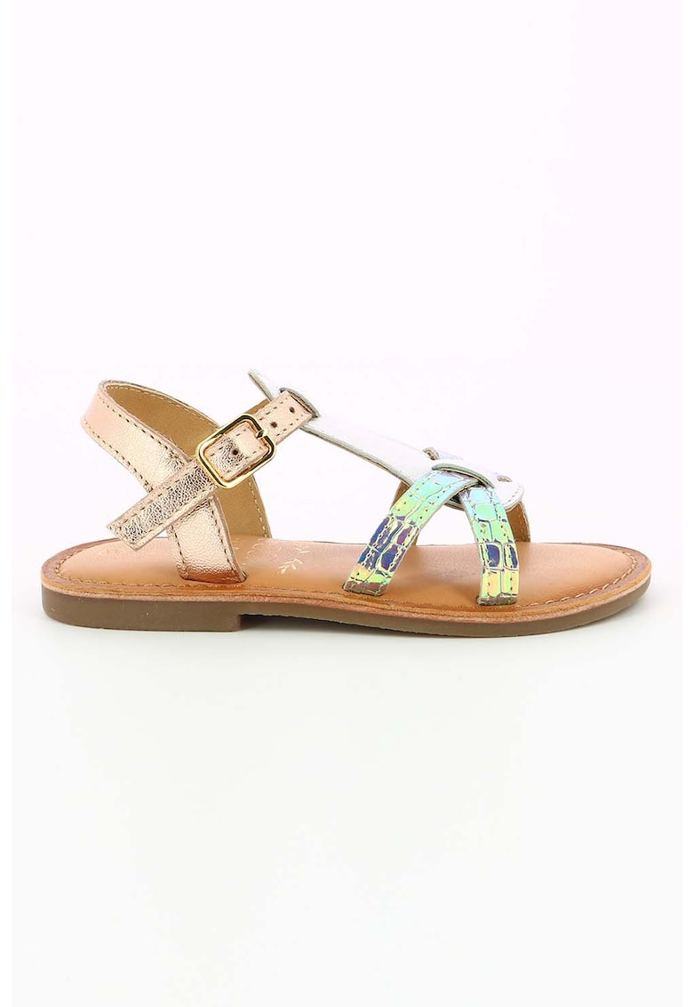 Sandale de piele cu benzi cu model holografic - Auriu rose/albastru aqua 1 Sandale de piele cu benzi cu model holografic - Auriu rose/albastru aqua