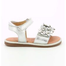 Sandale de piele cu velcro si detalii florale - Argintiu