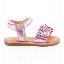 Sandale de piele cu velcro si detalii florale - Roz