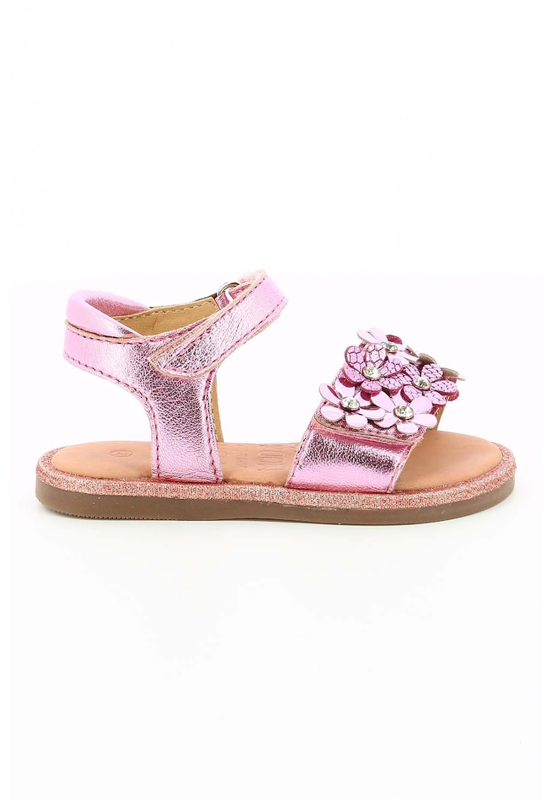 Sandale de piele cu velcro si detalii florale - Roz 1 Sandale de piele cu velcro si detalii florale - Roz