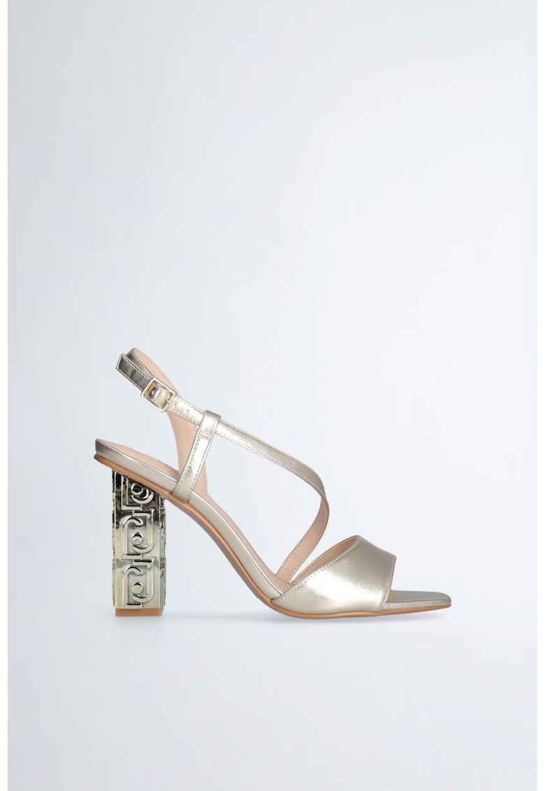 Sandale de piele ecologica cu aspect metalic si toc cu logo 1 Sandale de piele ecologica cu aspect metalic si toc cu logo