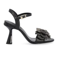 Sandale de piele ecologica cu toc inalt si detaliu floral