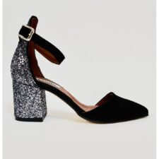 Sandale de piele intoarsa si piele ecologica cu toc stralucitor