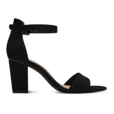 Sandale din material textil cu toc inalt si catarama