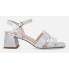 Sandale din piele cu aspect metalizat si toc masiv