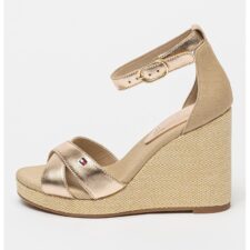 Sandale din piele cu talpa wedge si aspect metalizat