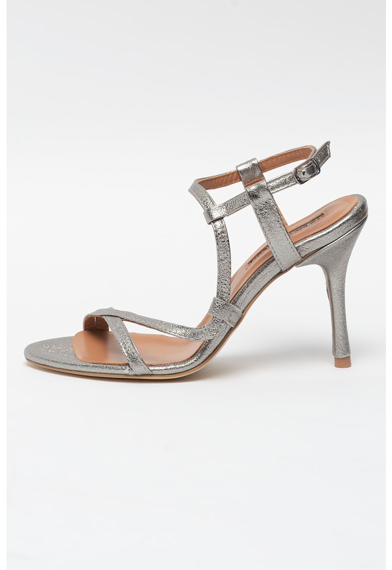 Sandale din piele cu toc inalt si aspect metalizat 1 Sandale din piele cu toc inalt si aspect metalizat