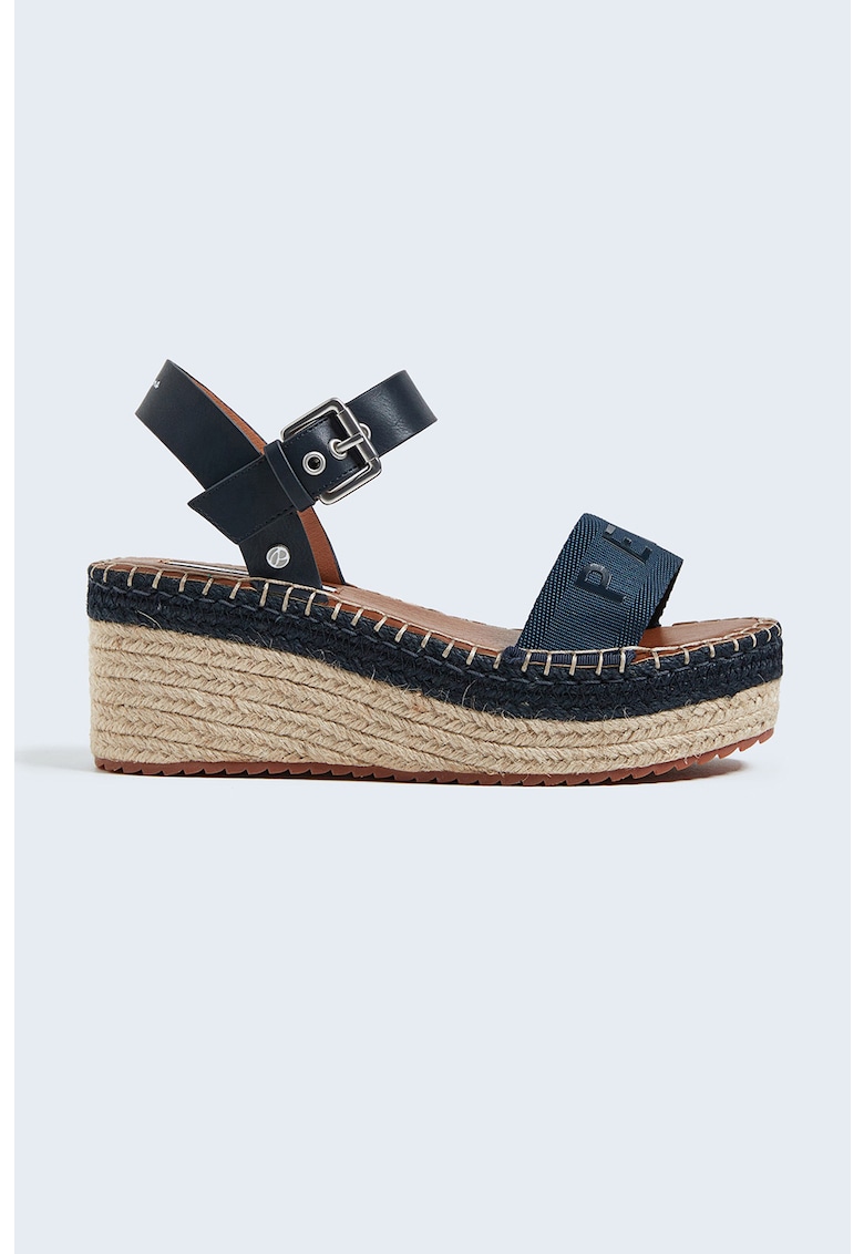 Sandale din piele ecologica si material textil cu talpa wedge 1 Sandale din piele ecologica si material textil cu talpa wedge