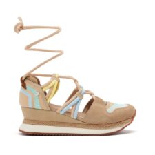 Sandale din piele intoarsa cu talpa demi-wedge si insertii din material textil