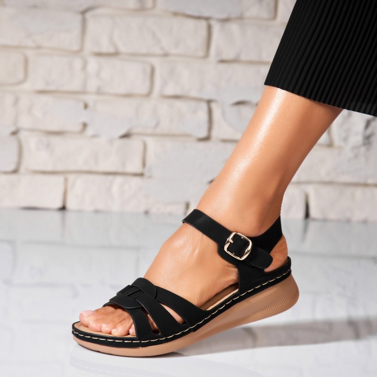 Sandale fara Toc din Piele Ecologica dama Negre Benicia 1 Sandale fara Toc din Piele Ecologica dama Negre Benicia