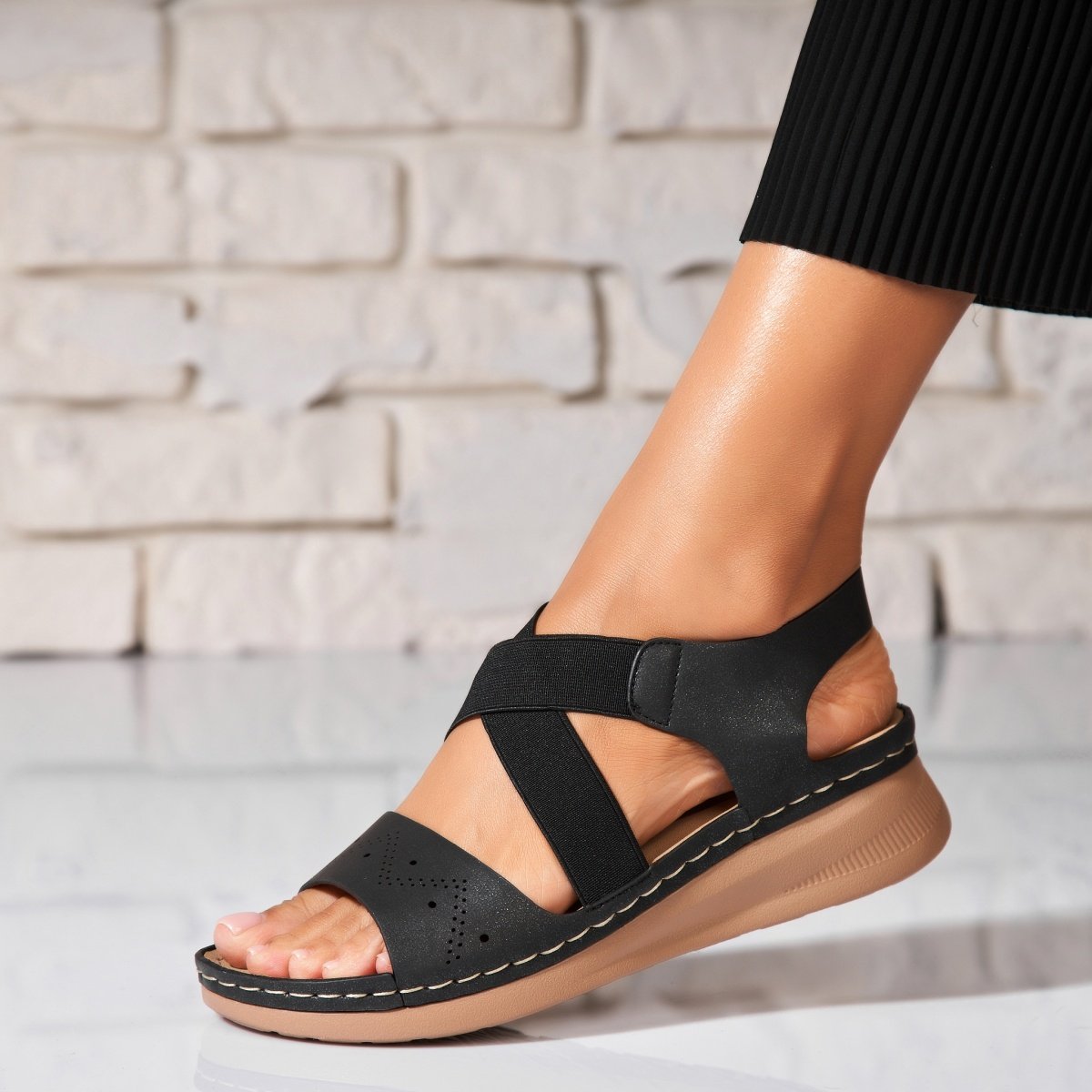 Sandale fara Toc din Piele Ecologica dama Negre Otilia 1 Sandale fara Toc din Piele Ecologica dama Negre Otilia