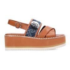 Sandale slingback flatform de piele si material textil