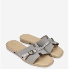 Sandale stil papuc dama din piele intoarsa gri