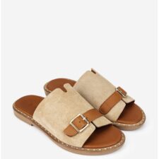 Sandale stil papuc dama din piele taupe cu maro