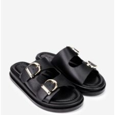 Sandale stil papuc dama negre din piele naturala cu catarame aurii