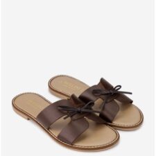 Sandale tip papuc dama din piele maro cu funda subtire