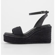 Sandale wedge de piele cu aplicatie impletita de iuta