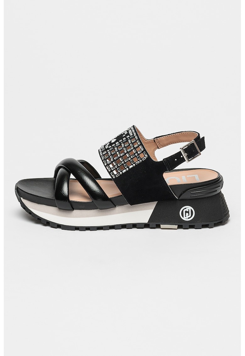 Sandale wedge de piele cu aplicatii de strasuri 1 Sandale wedge de piele cu aplicatii de strasuri