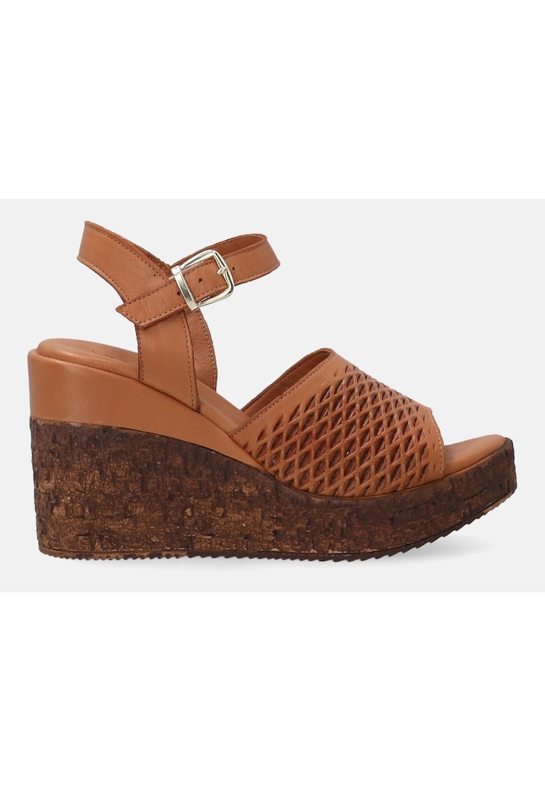 Sandale wedge de piele cu aspect ajurat si catarama 1 Sandale wedge de piele cu aspect ajurat si catarama