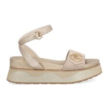 Sandale wedge de piele si piele ecologica cu aplicatie logo metalica